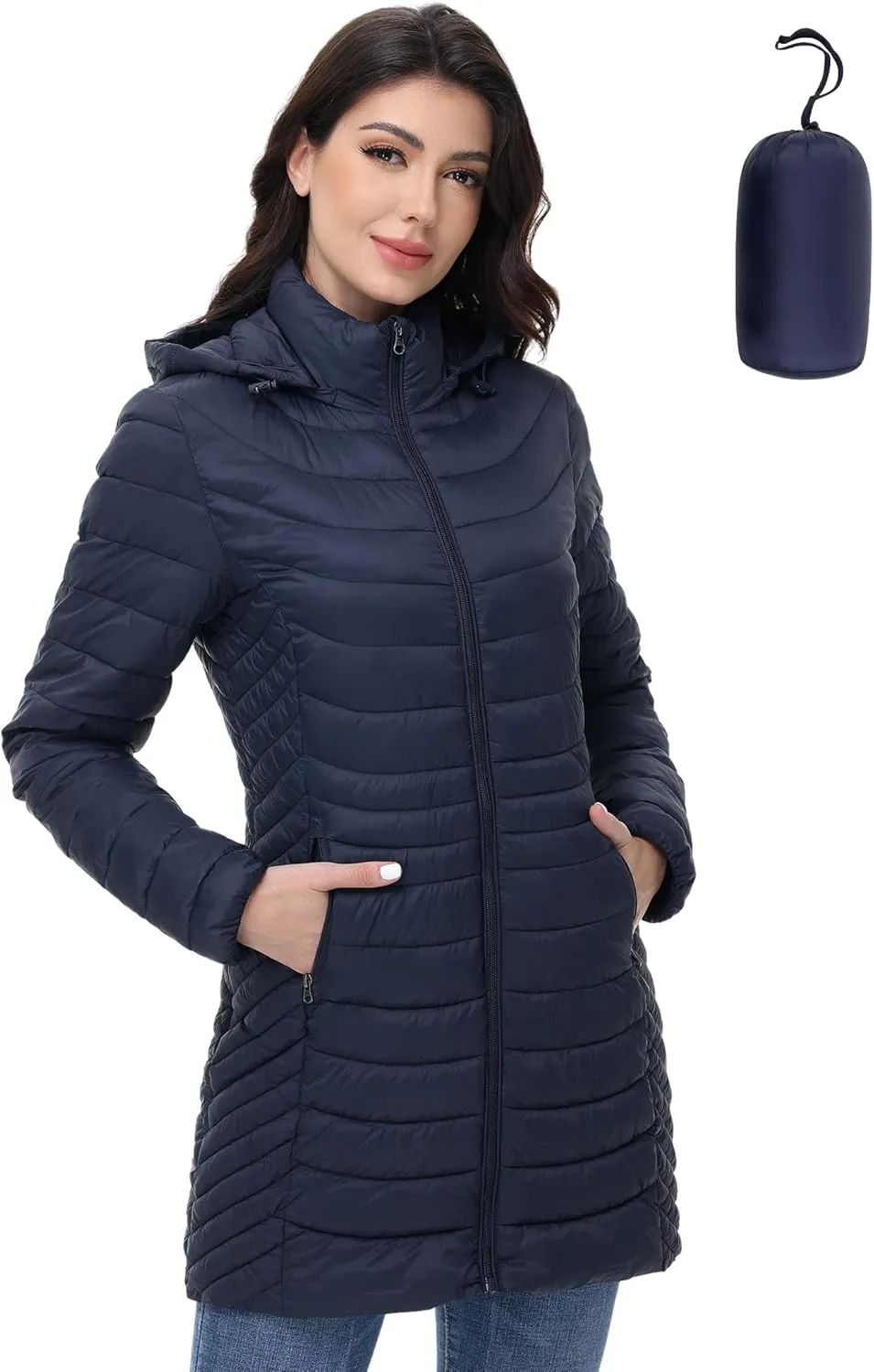 MIDNIGHTSUN Womens Packable Puffer Jacket Lightweight Puffer Coat Mid-length Hooded Warm Winter Puffy Jacket