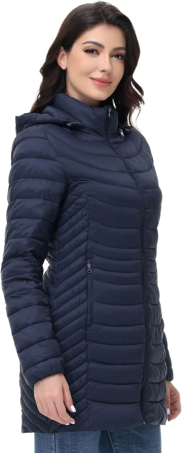 MIDNIGHTSUN Womens Packable Puffer Jacket Lightweight Puffer Coat Mid-length Hooded Warm Winter Puffy Jacket