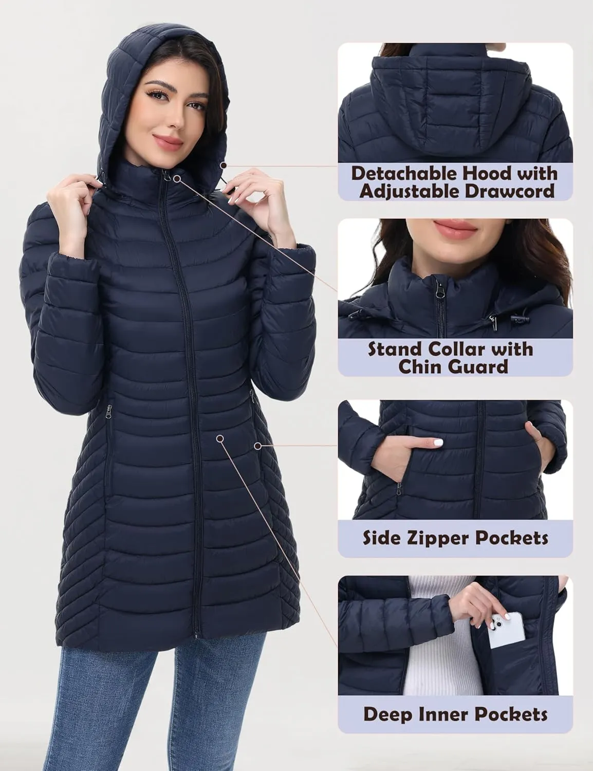MIDNIGHTSUN Womens Packable Puffer Jacket Lightweight Puffer Coat Mid-length Hooded Warm Winter Puffy Jacket