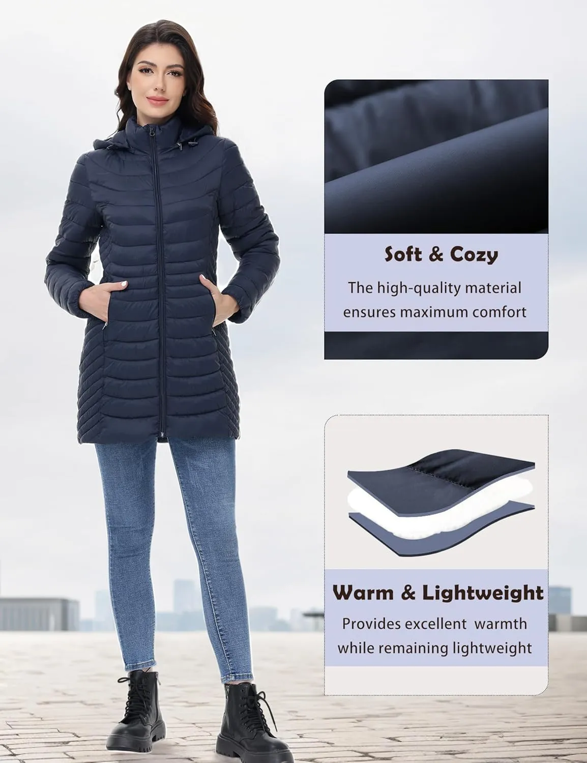 MIDNIGHTSUN Womens Packable Puffer Jacket Lightweight Puffer Coat Mid-length Hooded Warm Winter Puffy Jacket