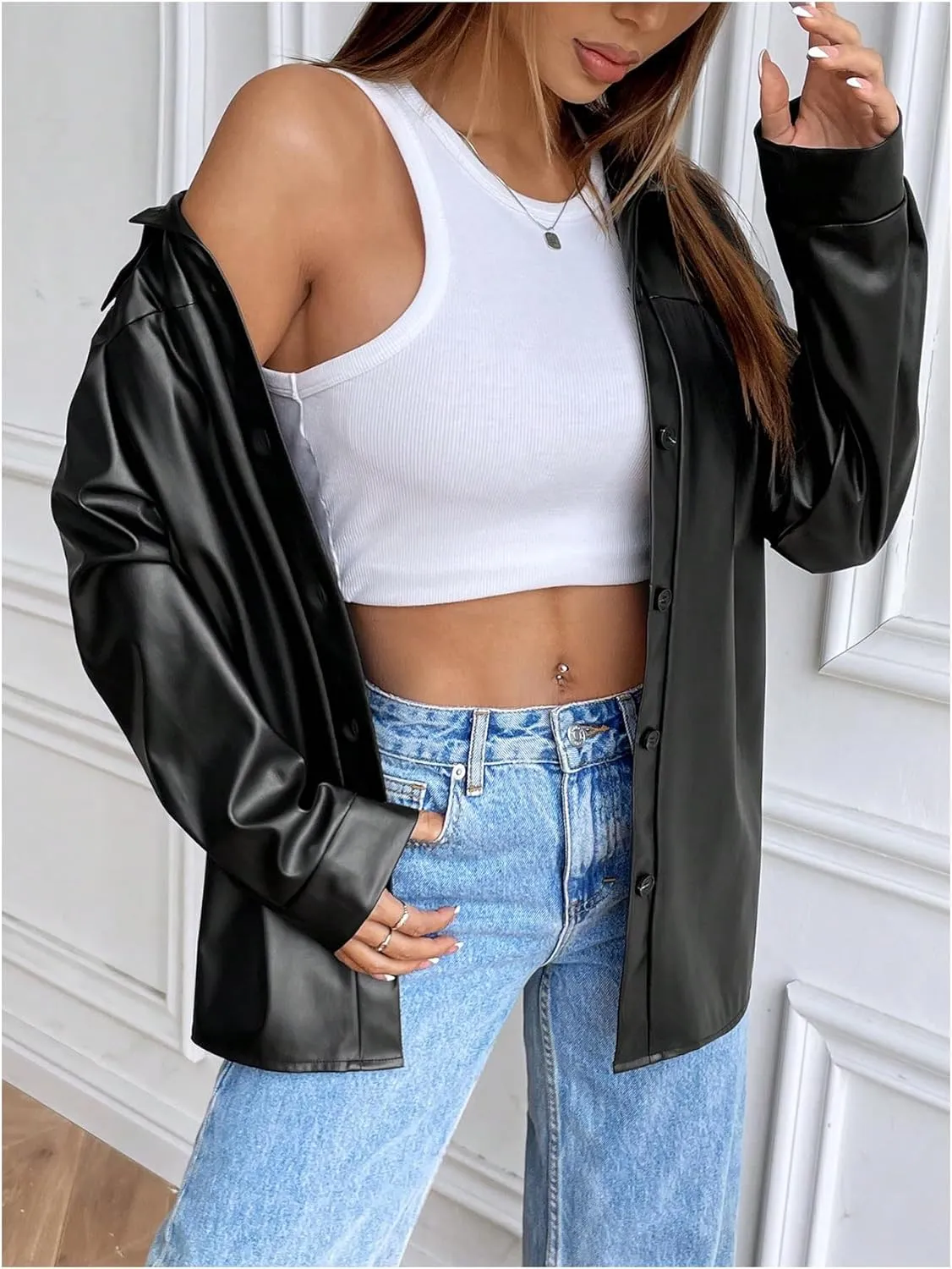 Milumia Women's Faux PU Leather Jacket Long Sleeve Button Down Vintage Moto Coats