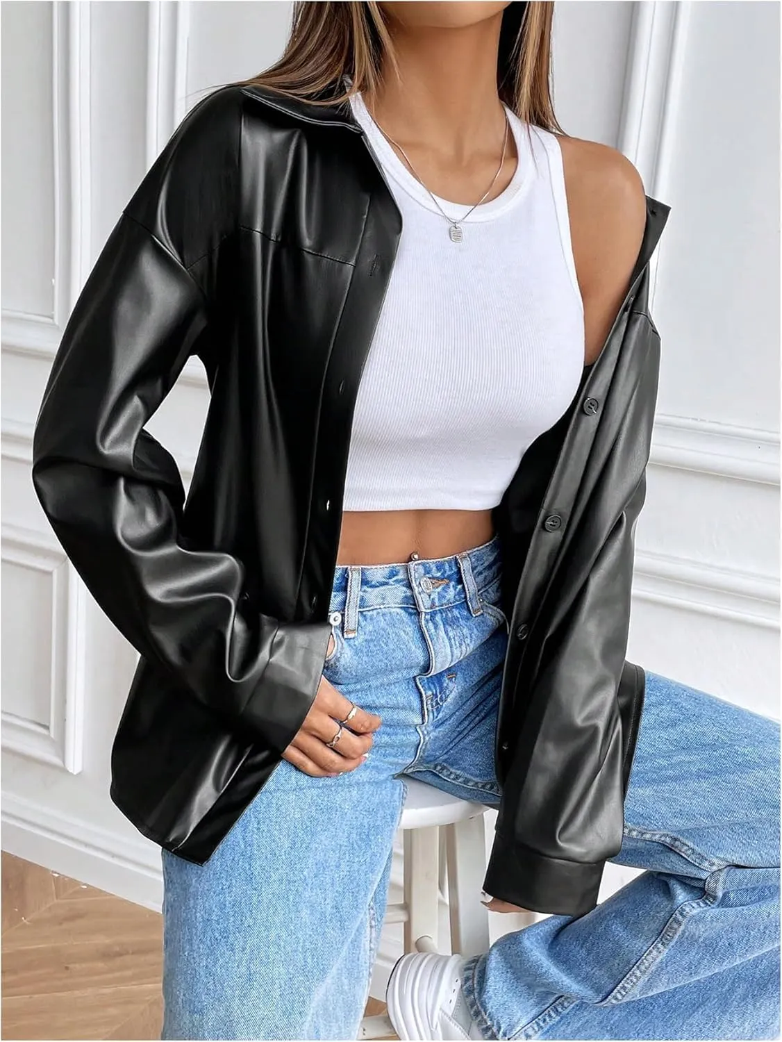 Milumia Women's Faux PU Leather Jacket Long Sleeve Button Down Vintage Moto Coats
