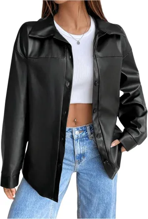 Milumia Women's Faux PU Leather Jacket Long Sleeve Button Down Vintage Moto Coats