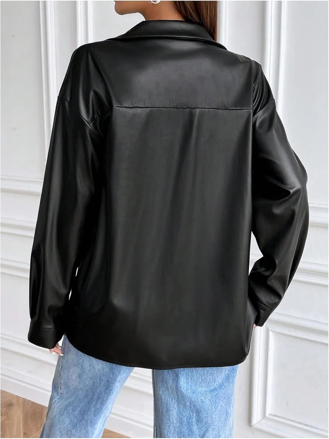 Milumia Women's Faux PU Leather Jacket Long Sleeve Button Down Vintage Moto Coats