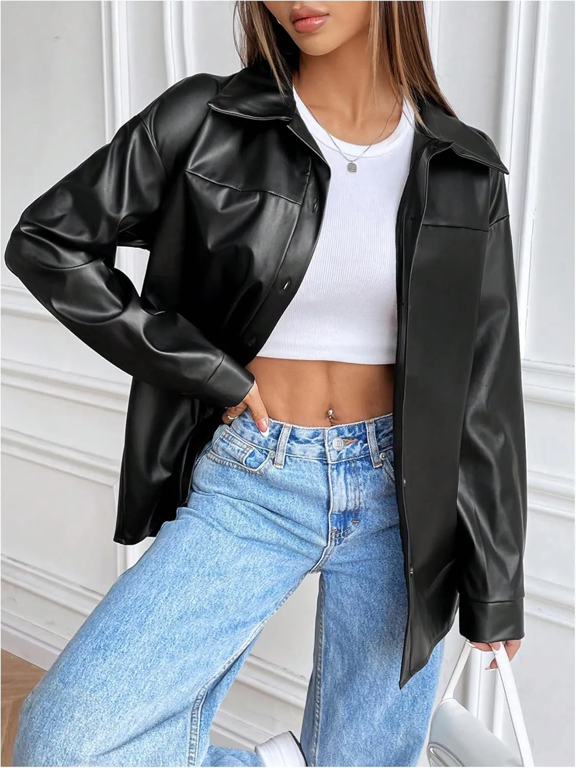 Milumia Women's Faux PU Leather Jacket Long Sleeve Button Down Vintage Moto Coats