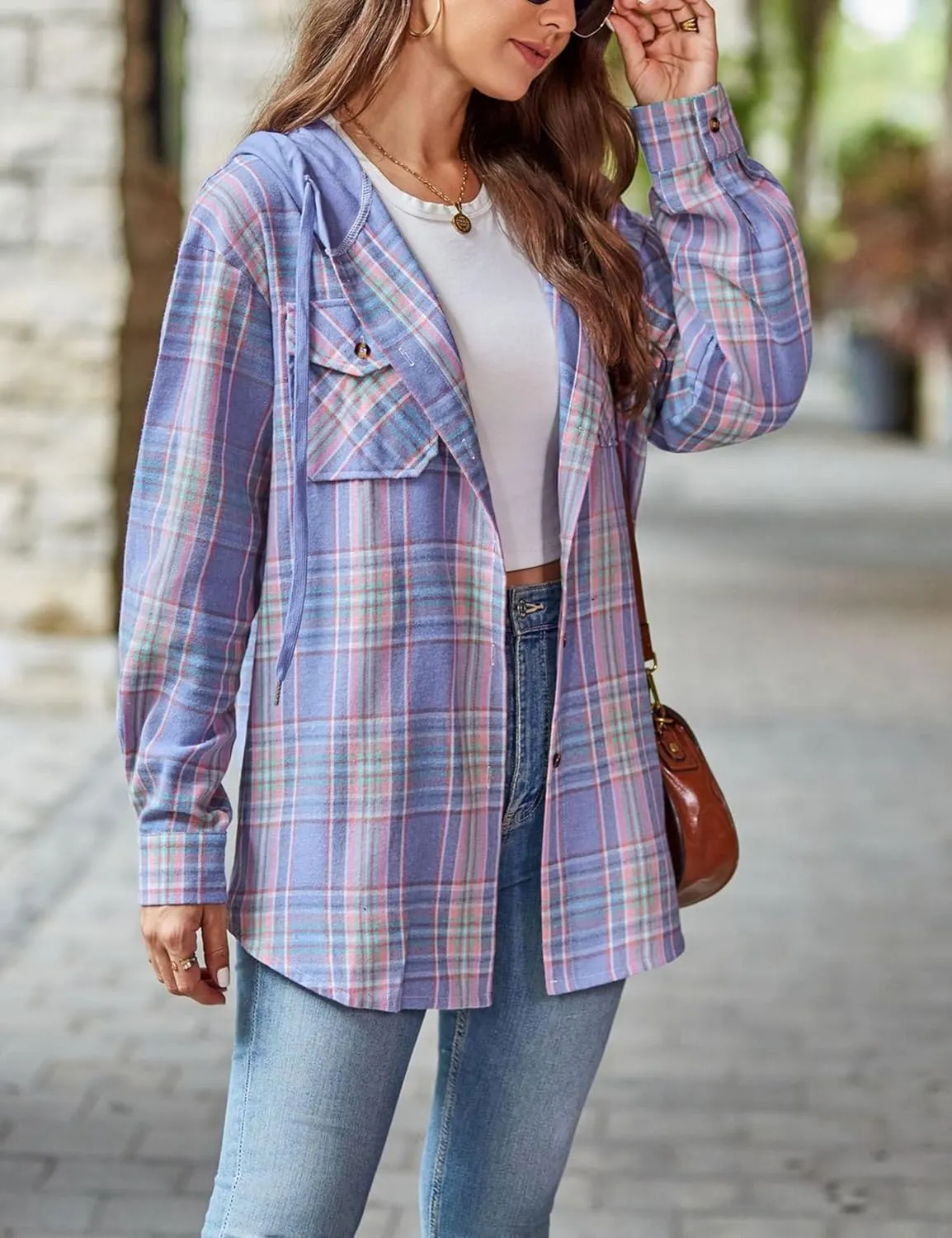Mingzhu Womens Casual Hooded Flannel Plaid Shirts Button Down Hoodie Shacket with Pockets
