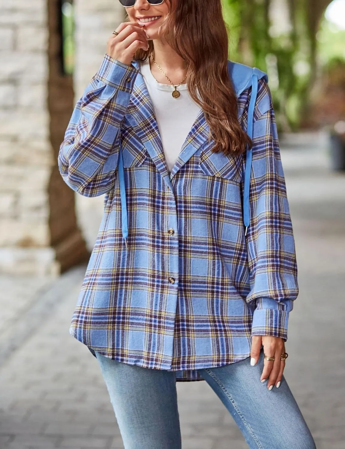 Mingzhu Womens Casual Hooded Flannel Plaid Shirts Button Down Hoodie Shacket with Pockets