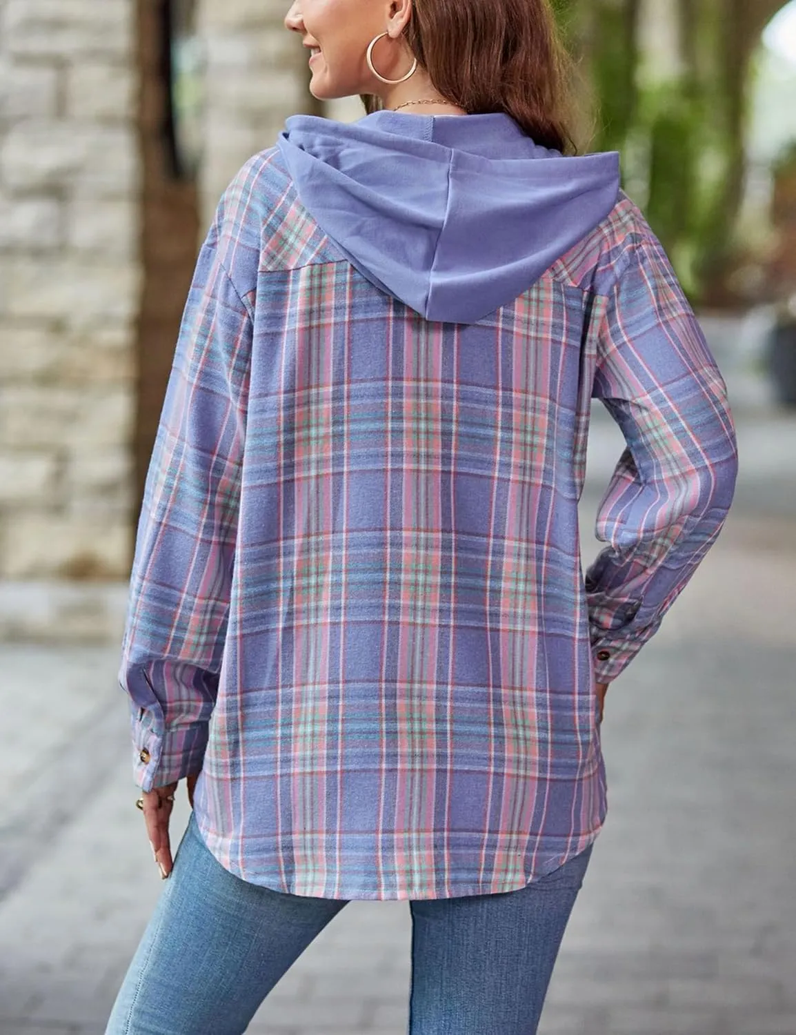 Mingzhu Womens Casual Hooded Flannel Plaid Shirts Button Down Hoodie Shacket with Pockets