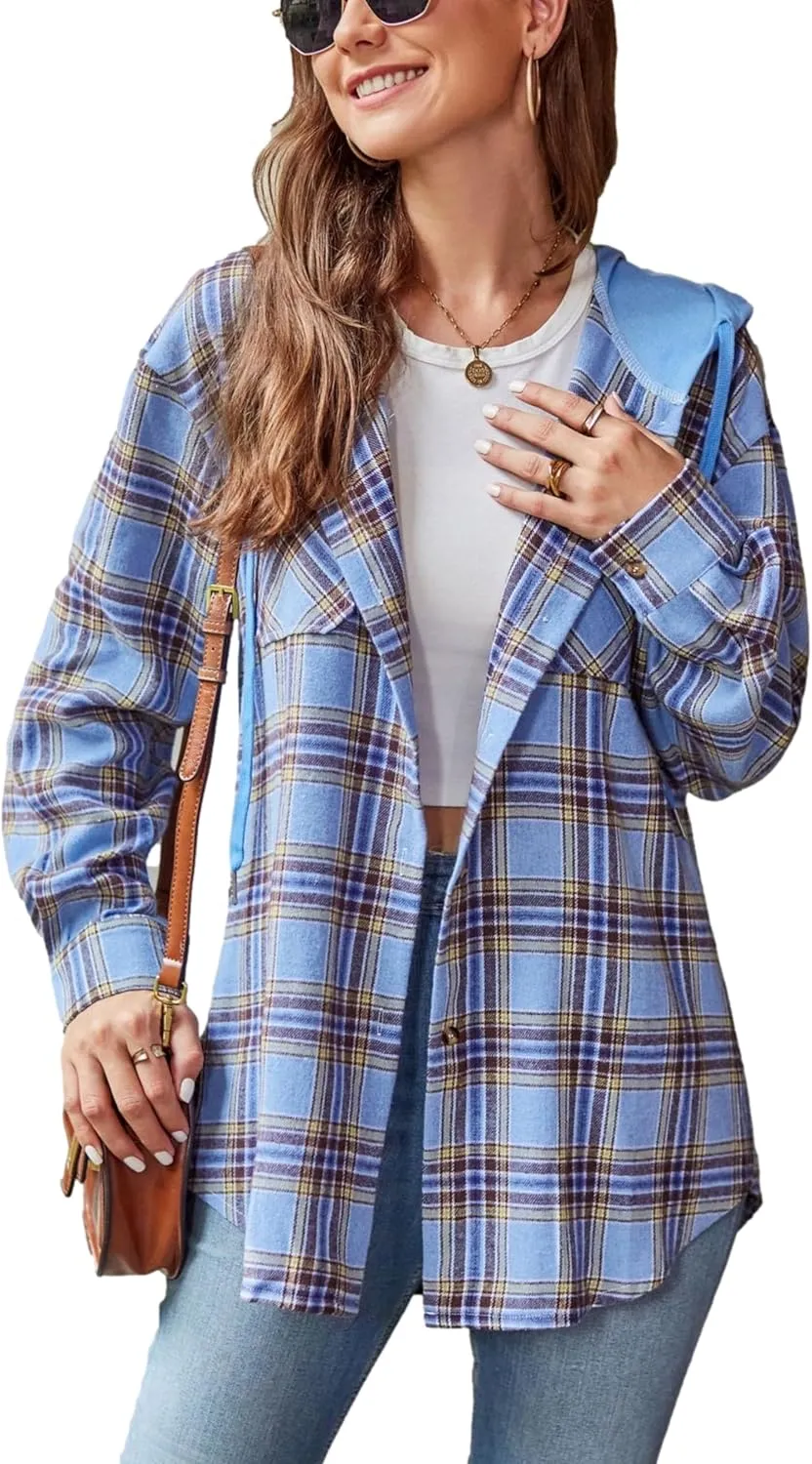Mingzhu Womens Casual Hooded Flannel Plaid Shirts Button Down Hoodie Shacket with Pockets