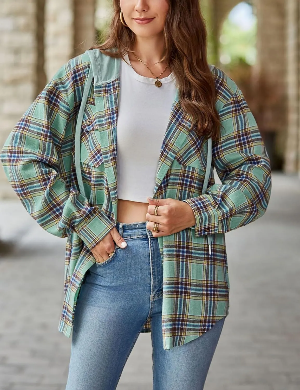 Mingzhu Womens Casual Hooded Flannel Plaid Shirts Button Down Hoodie Shacket with Pockets