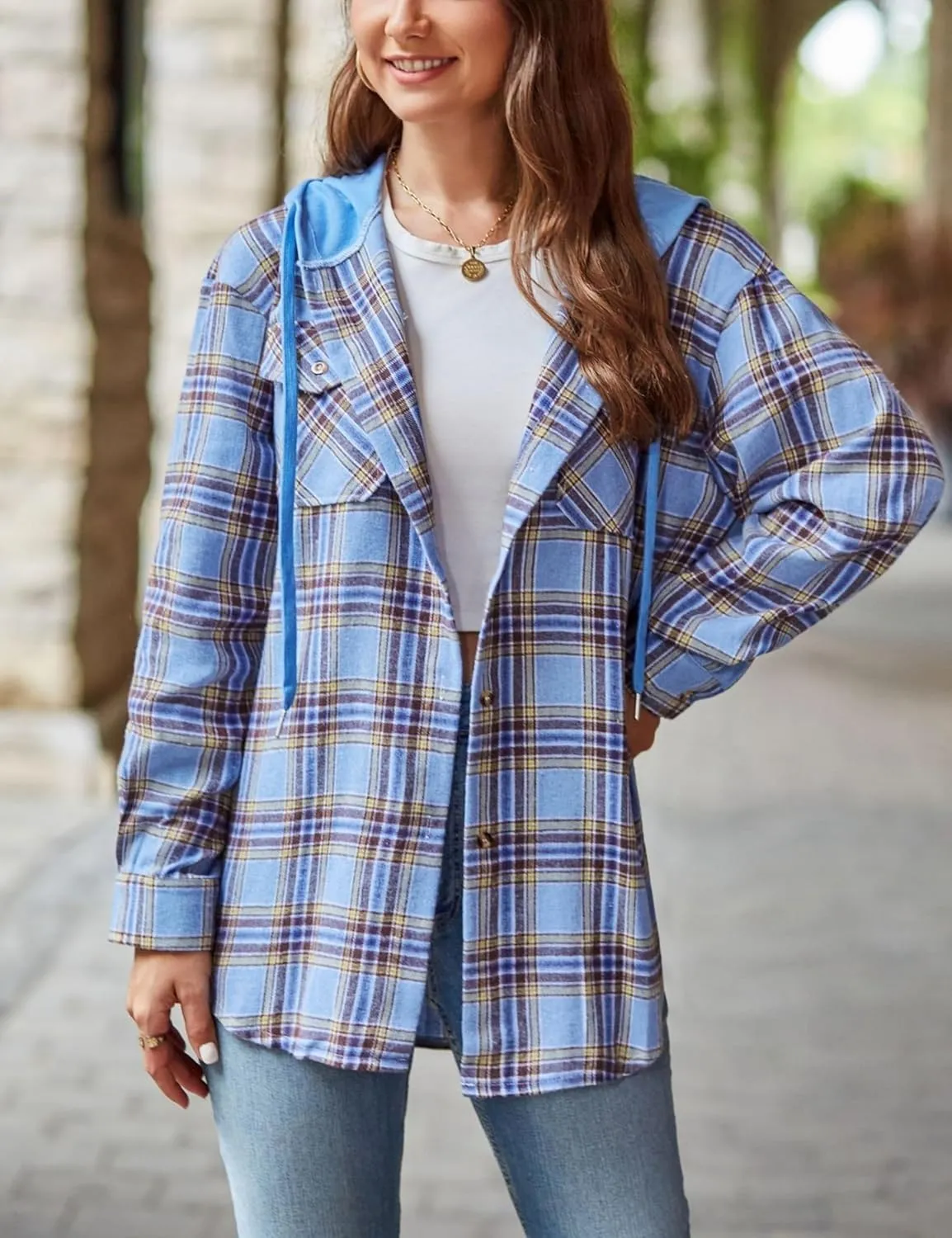 Mingzhu Womens Casual Hooded Flannel Plaid Shirts Button Down Hoodie Shacket with Pockets