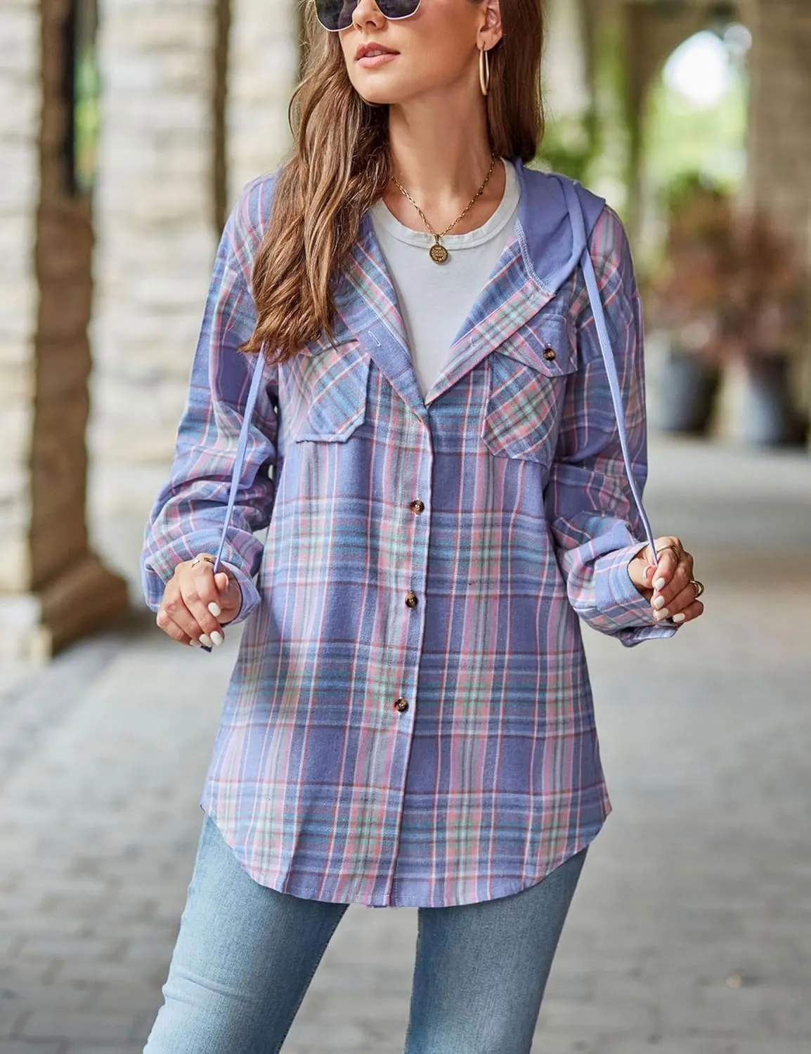 Mingzhu Womens Casual Hooded Flannel Plaid Shirts Button Down Hoodie Shacket with Pockets