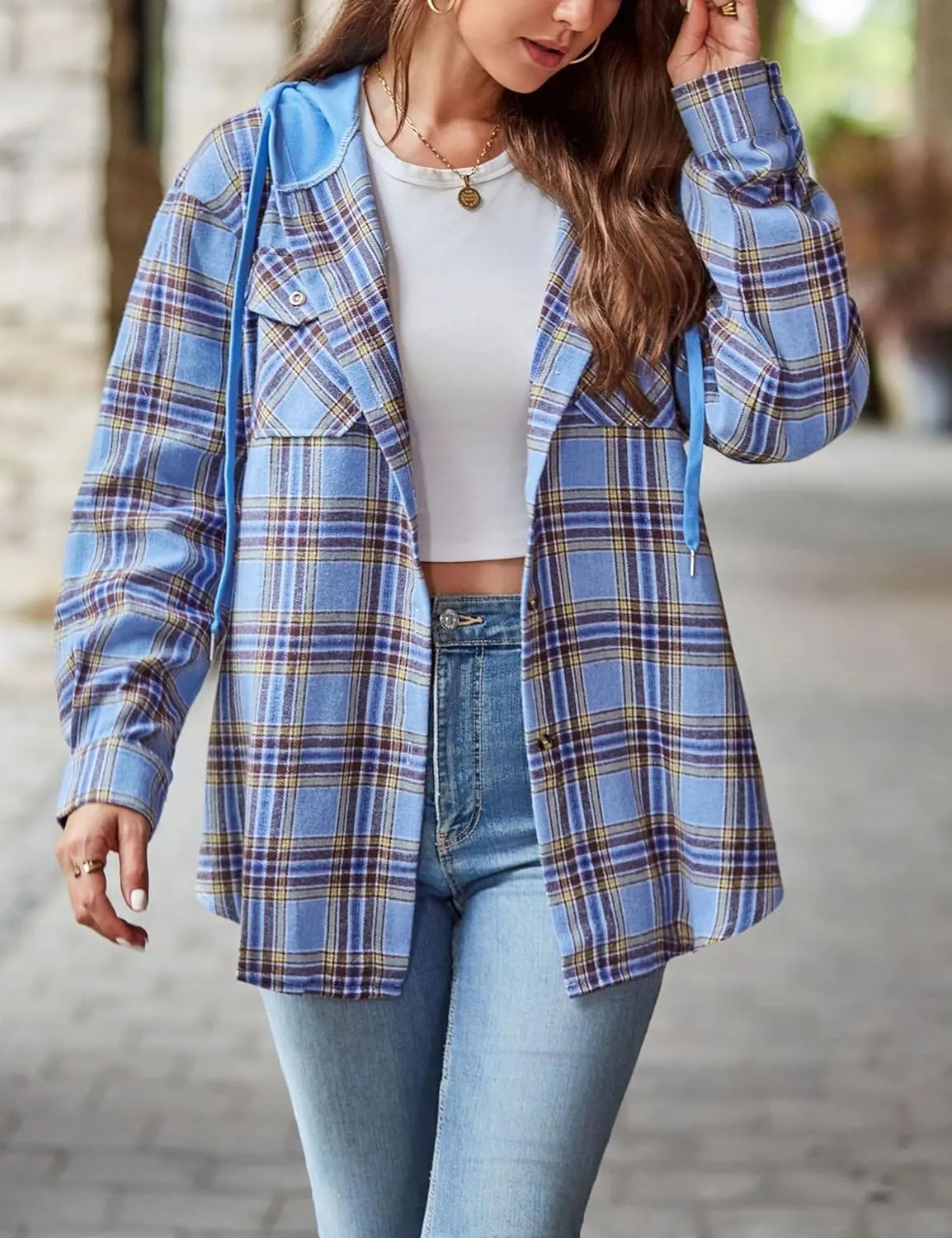 Mingzhu Womens Casual Hooded Flannel Plaid Shirts Button Down Hoodie Shacket with Pockets