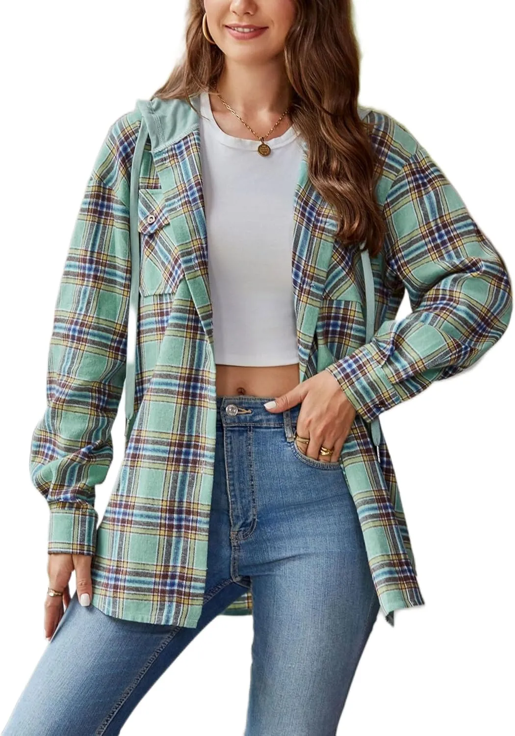 Mingzhu Womens Casual Hooded Flannel Plaid Shirts Button Down Hoodie Shacket with Pockets
