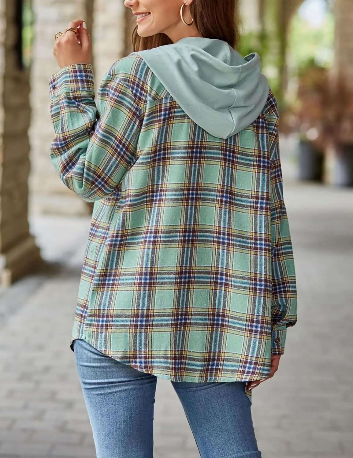 Mingzhu Womens Casual Hooded Flannel Plaid Shirts Button Down Hoodie Shacket with Pockets