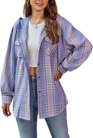 Mingzhu Womens Casual Hooded Flannel Plaid Shirts Button Down Hoodie Shacket with Pockets