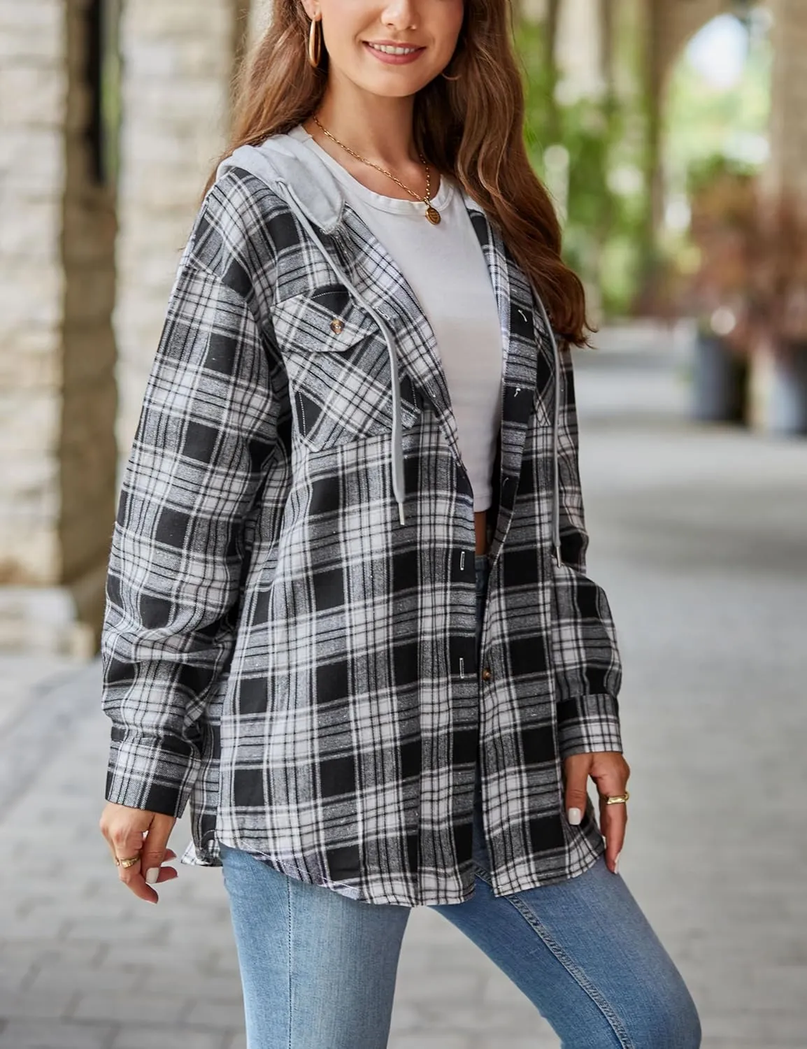 Mingzhu Womens Casual Hooded Flannel Plaid Shirts Button Down Hoodie Shacket with Pockets