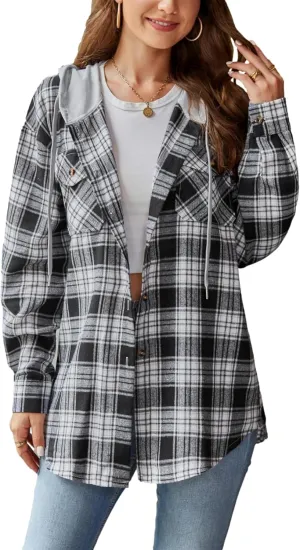 Mingzhu Womens Casual Hooded Flannel Plaid Shirts Button Down Hoodie Shacket with Pockets