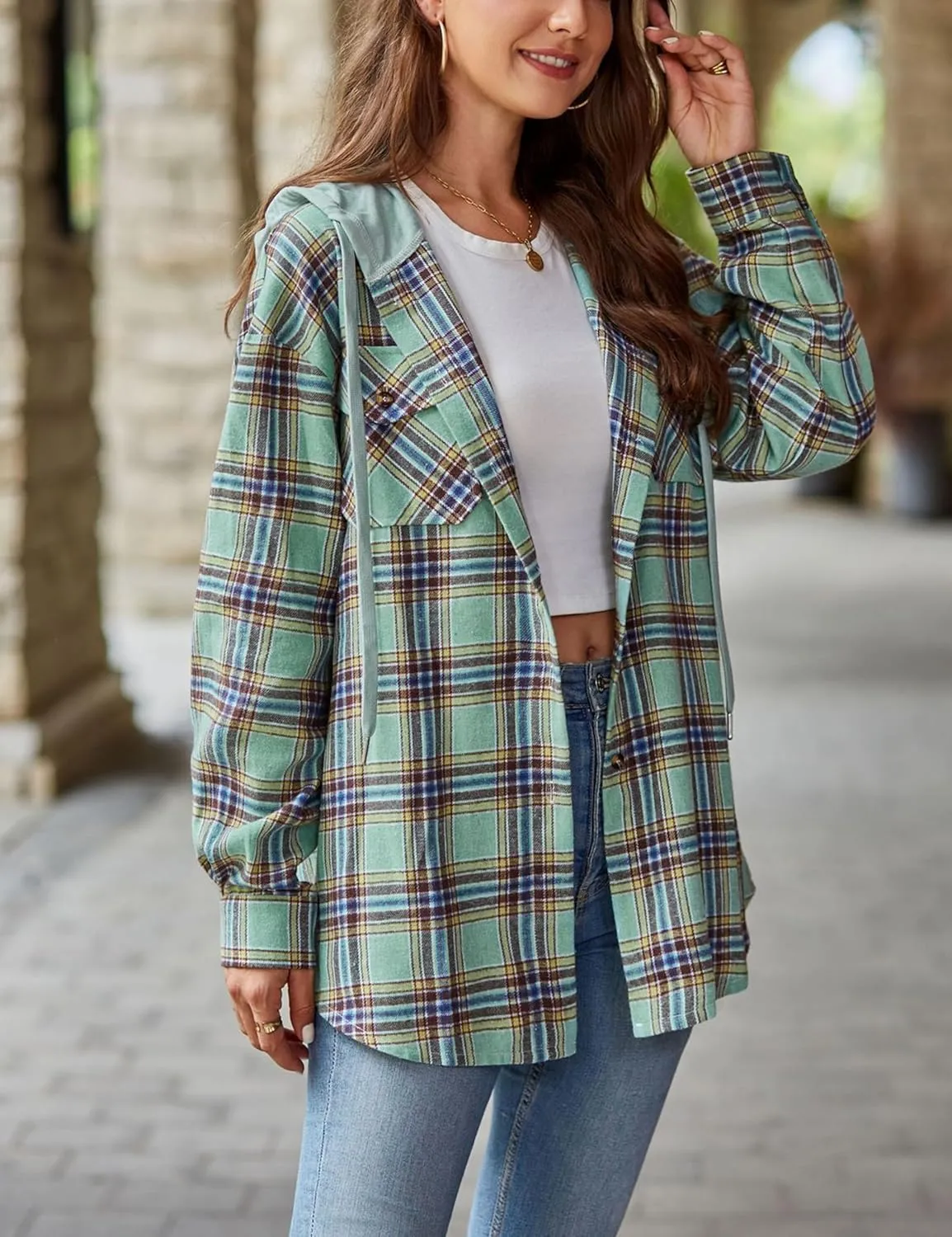 Mingzhu Womens Casual Hooded Flannel Plaid Shirts Button Down Hoodie Shacket with Pockets