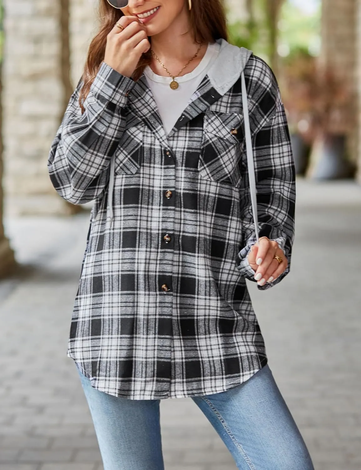 Mingzhu Womens Casual Hooded Flannel Plaid Shirts Button Down Hoodie Shacket with Pockets