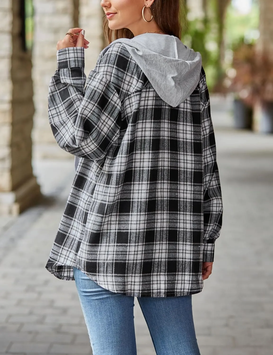 Mingzhu Womens Casual Hooded Flannel Plaid Shirts Button Down Hoodie Shacket with Pockets