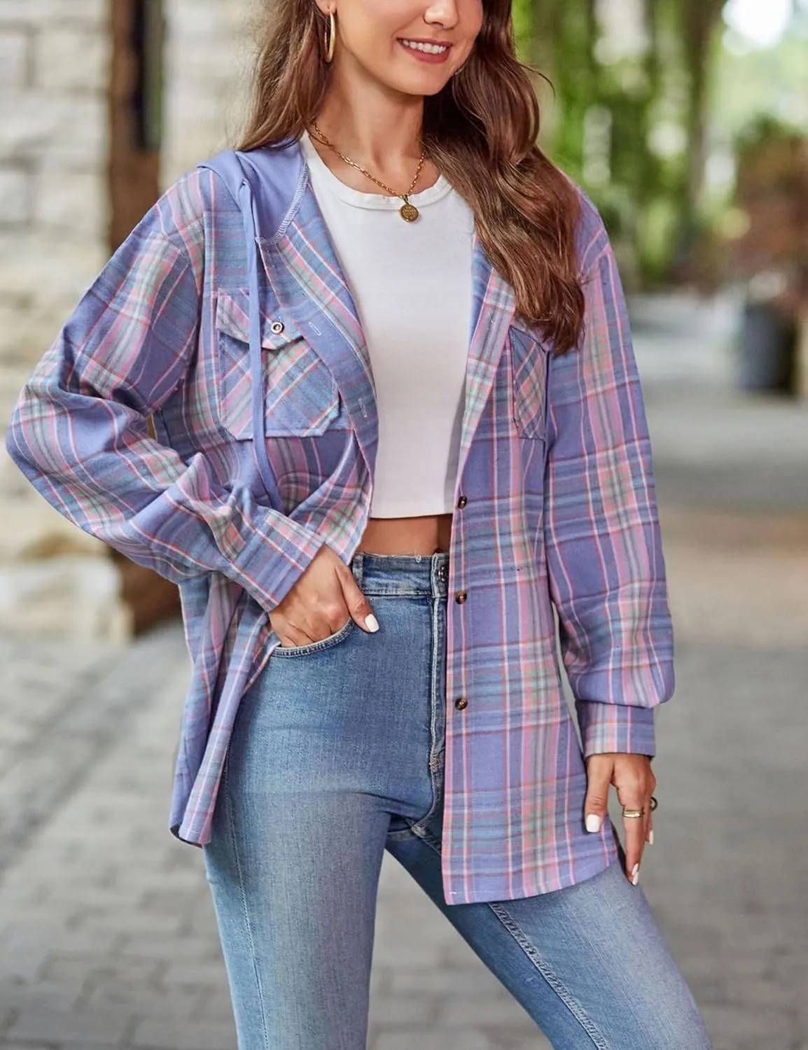Mingzhu Womens Casual Hooded Flannel Plaid Shirts Button Down Hoodie Shacket with Pockets