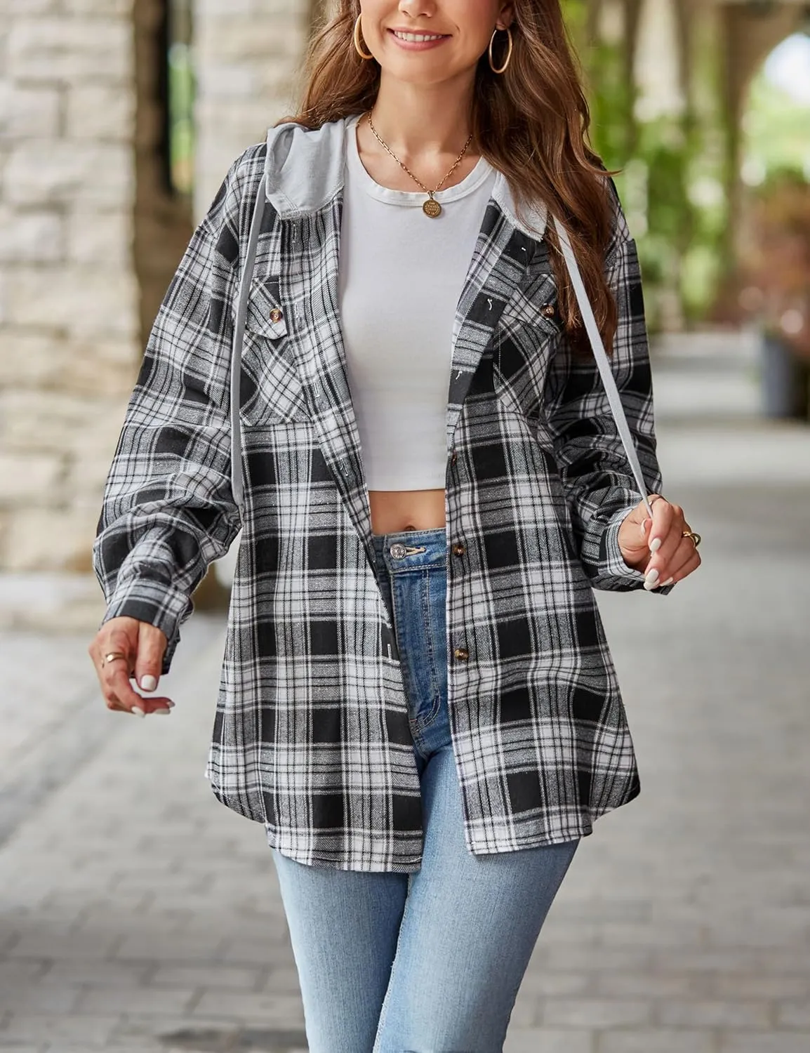 Mingzhu Womens Casual Hooded Flannel Plaid Shirts Button Down Hoodie Shacket with Pockets