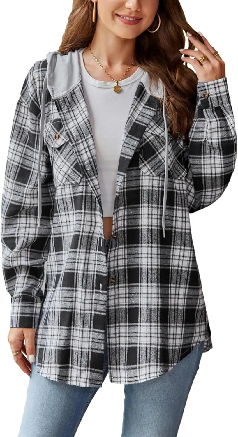 Mingzhu Womens Casual Hooded Flannel Plaid Shirts Button Down Hoodie Shacket with Pockets