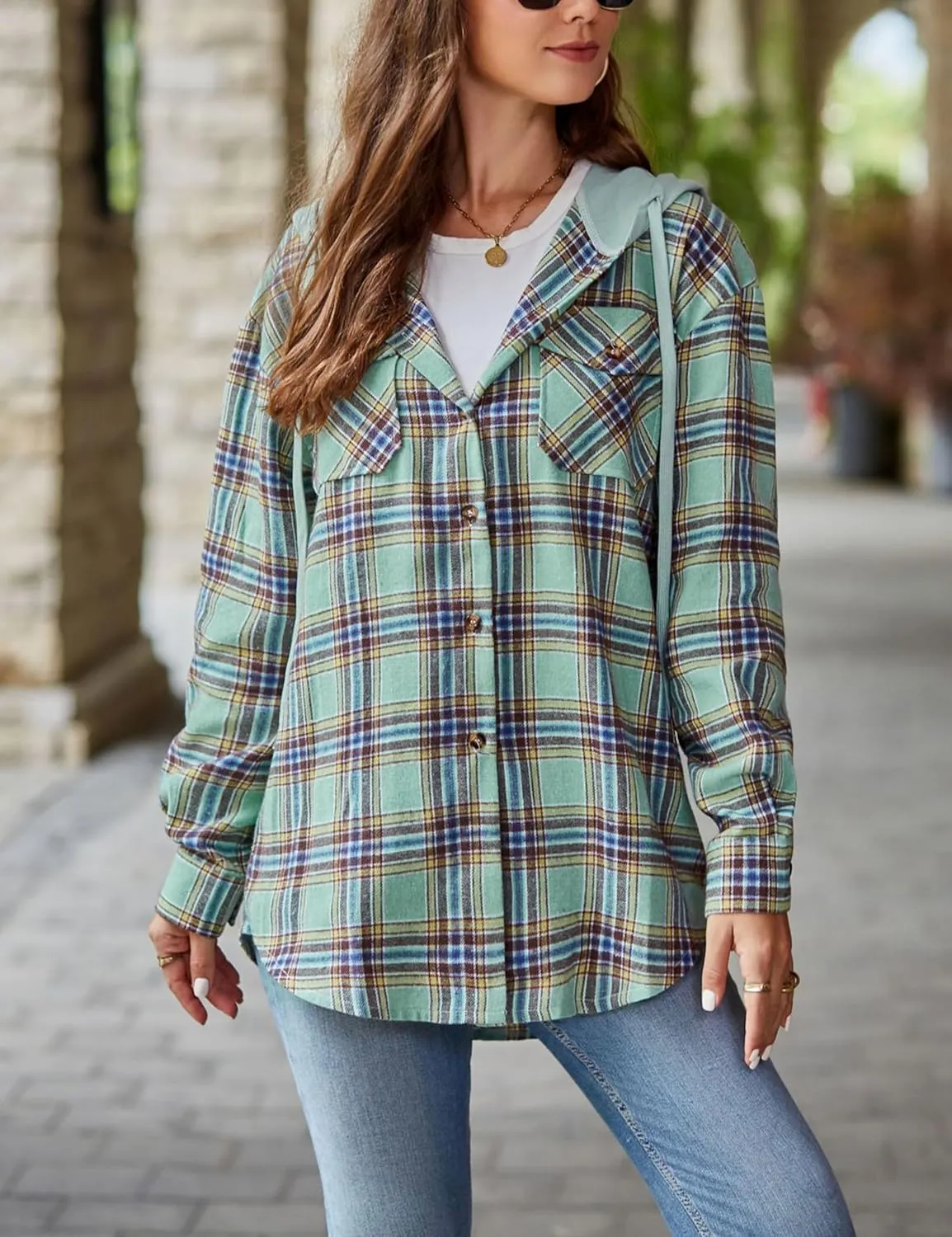 Mingzhu Womens Casual Hooded Flannel Plaid Shirts Button Down Hoodie Shacket with Pockets