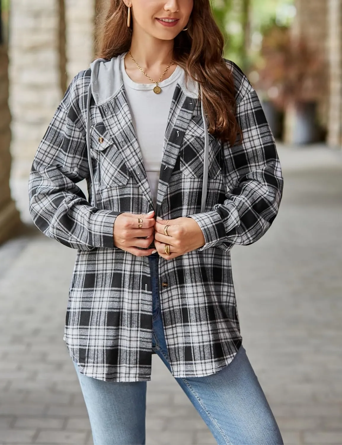Mingzhu Womens Casual Hooded Flannel Plaid Shirts Button Down Hoodie Shacket with Pockets