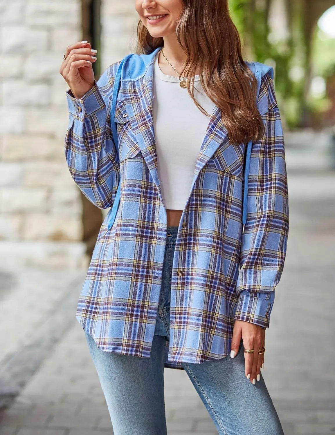 Mingzhu Womens Casual Hooded Flannel Plaid Shirts Button Down Hoodie Shacket with Pockets