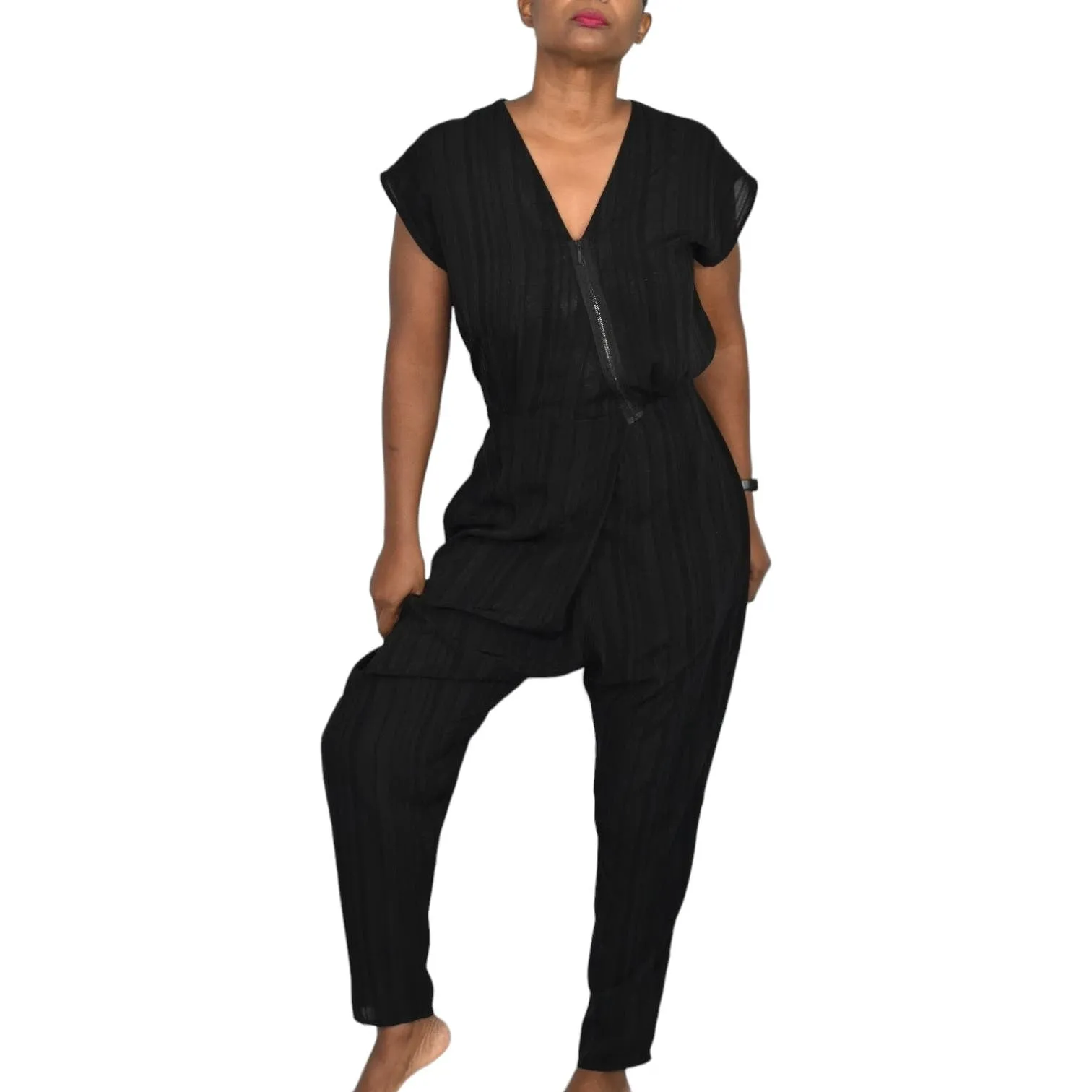Miriam Ponsa Jumpsuit Black Sheer Boilersuit Asymmetric Zip Relaxed Trouser Size Small