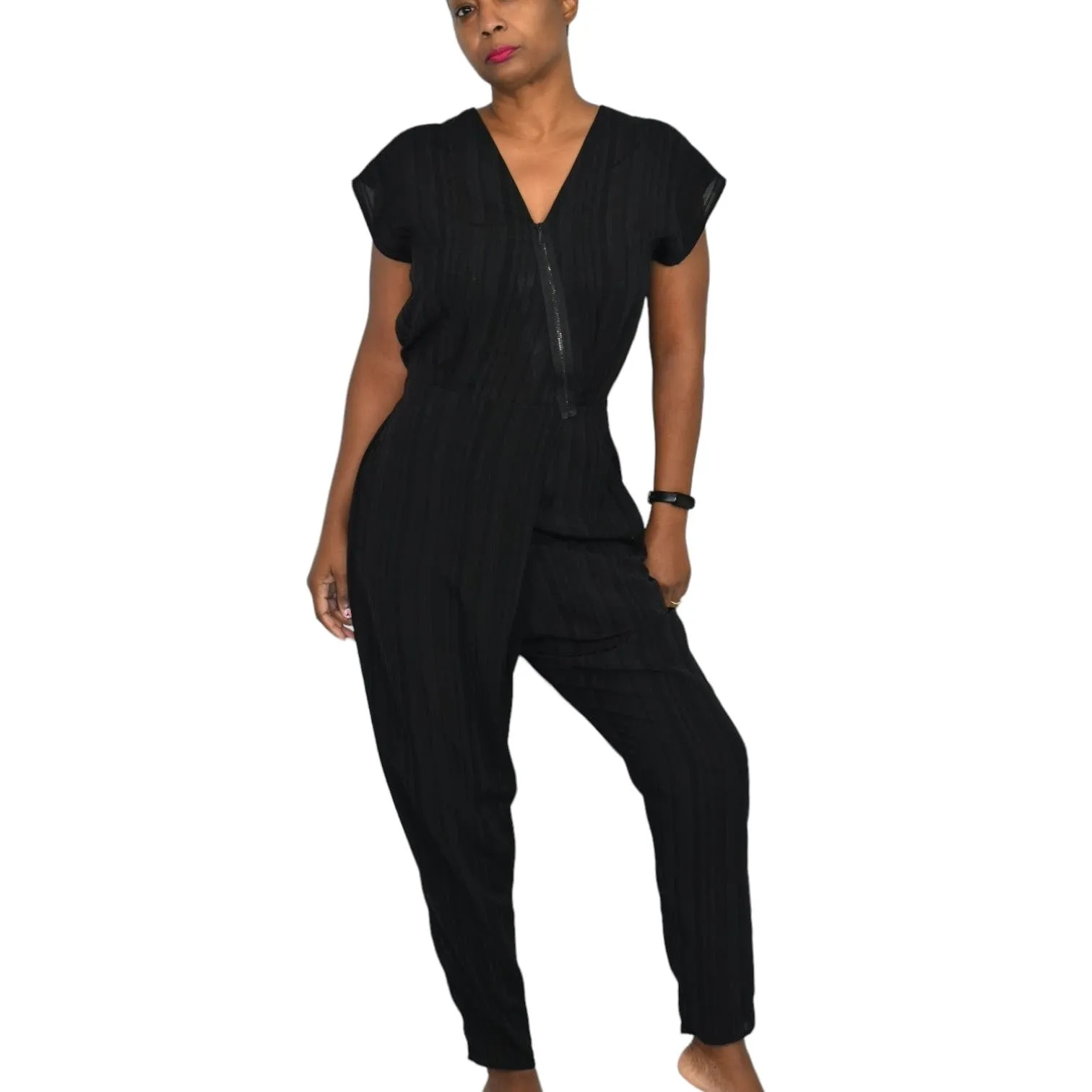 Miriam Ponsa Jumpsuit Black Sheer Boilersuit Asymmetric Zip Relaxed Trouser Size Small