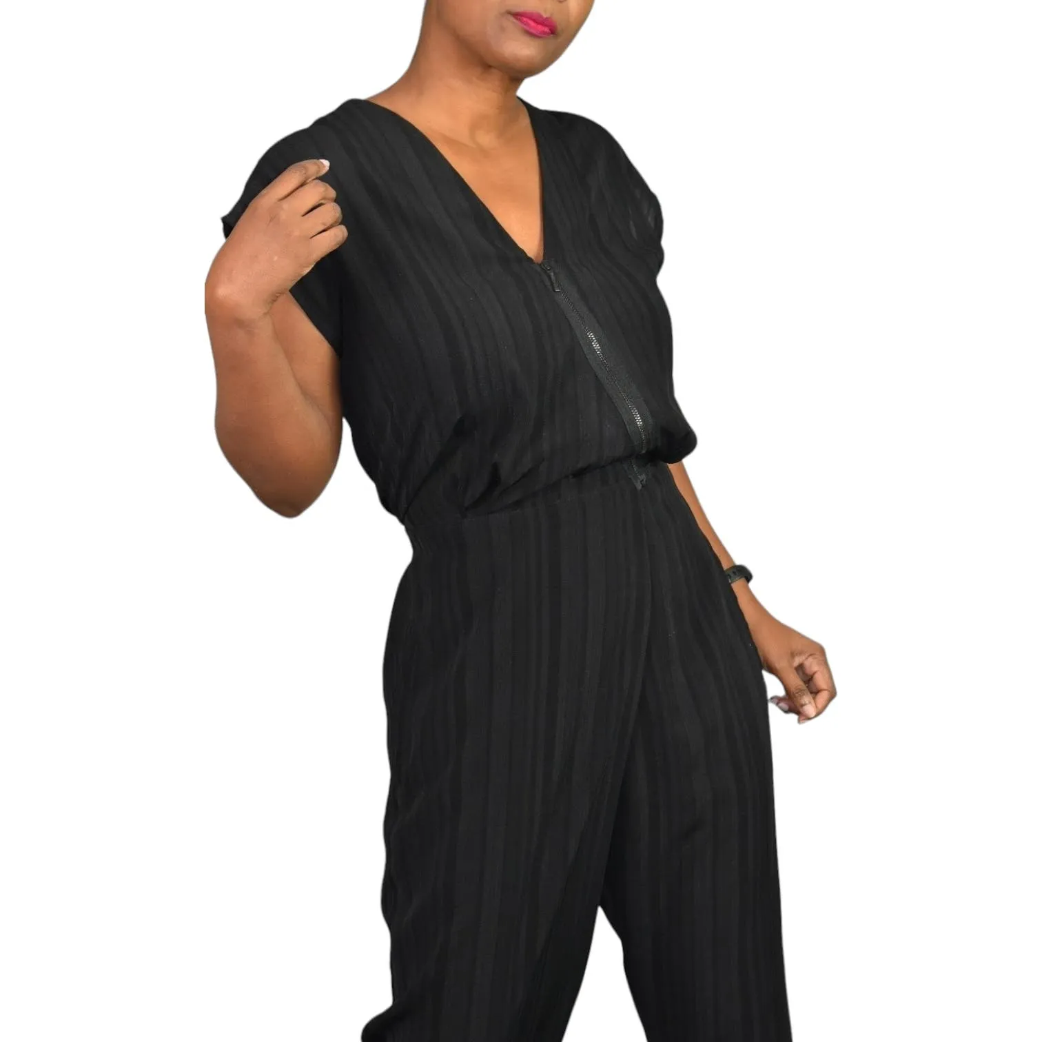 Miriam Ponsa Jumpsuit Black Sheer Boilersuit Asymmetric Zip Relaxed Trouser Size Small