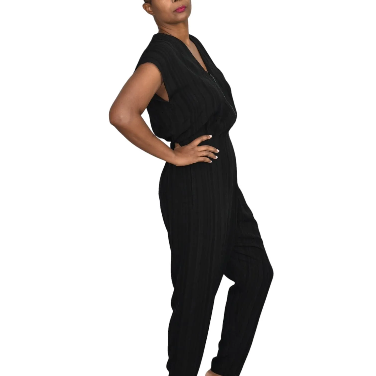 Miriam Ponsa Jumpsuit Black Sheer Boilersuit Asymmetric Zip Relaxed Trouser Size Small