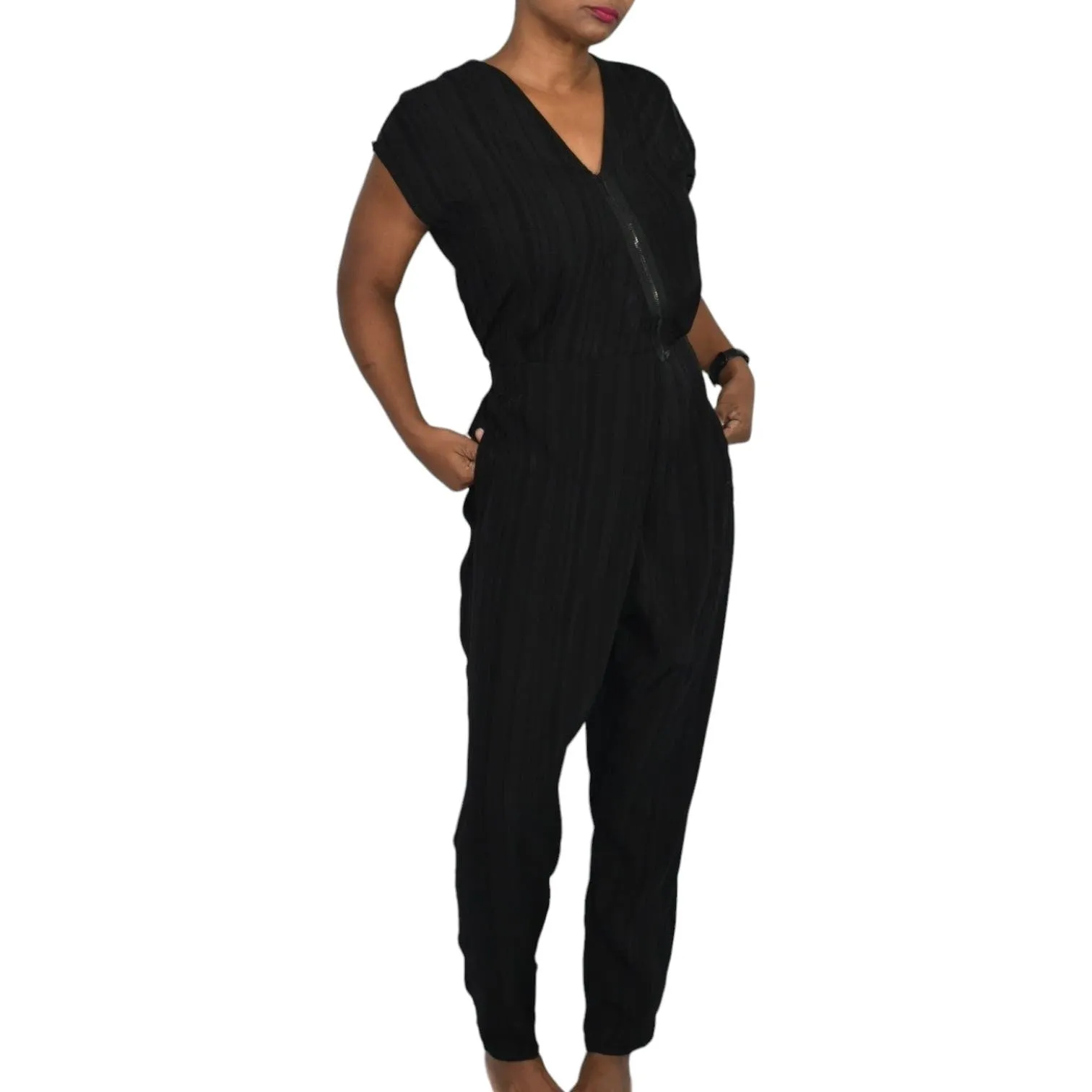 Miriam Ponsa Jumpsuit Black Sheer Boilersuit Asymmetric Zip Relaxed Trouser Size Small