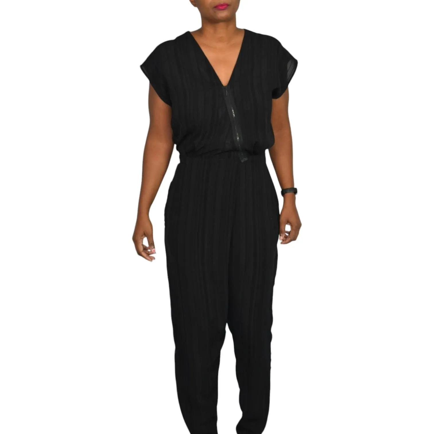 Miriam Ponsa Jumpsuit Black Sheer Boilersuit Asymmetric Zip Relaxed Trouser Size Small