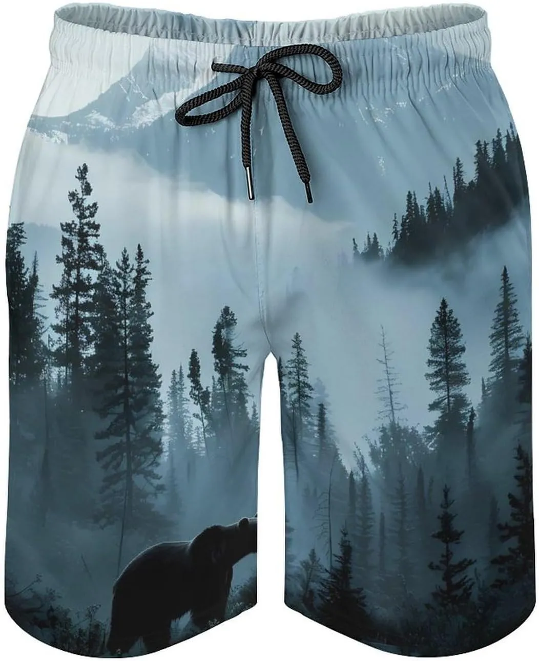 Misty Mountain Forests Animal Bear Men's Swim Trunks Quick Dry Board Shorts Breathable Summer Beach Shorts Bathing Suits