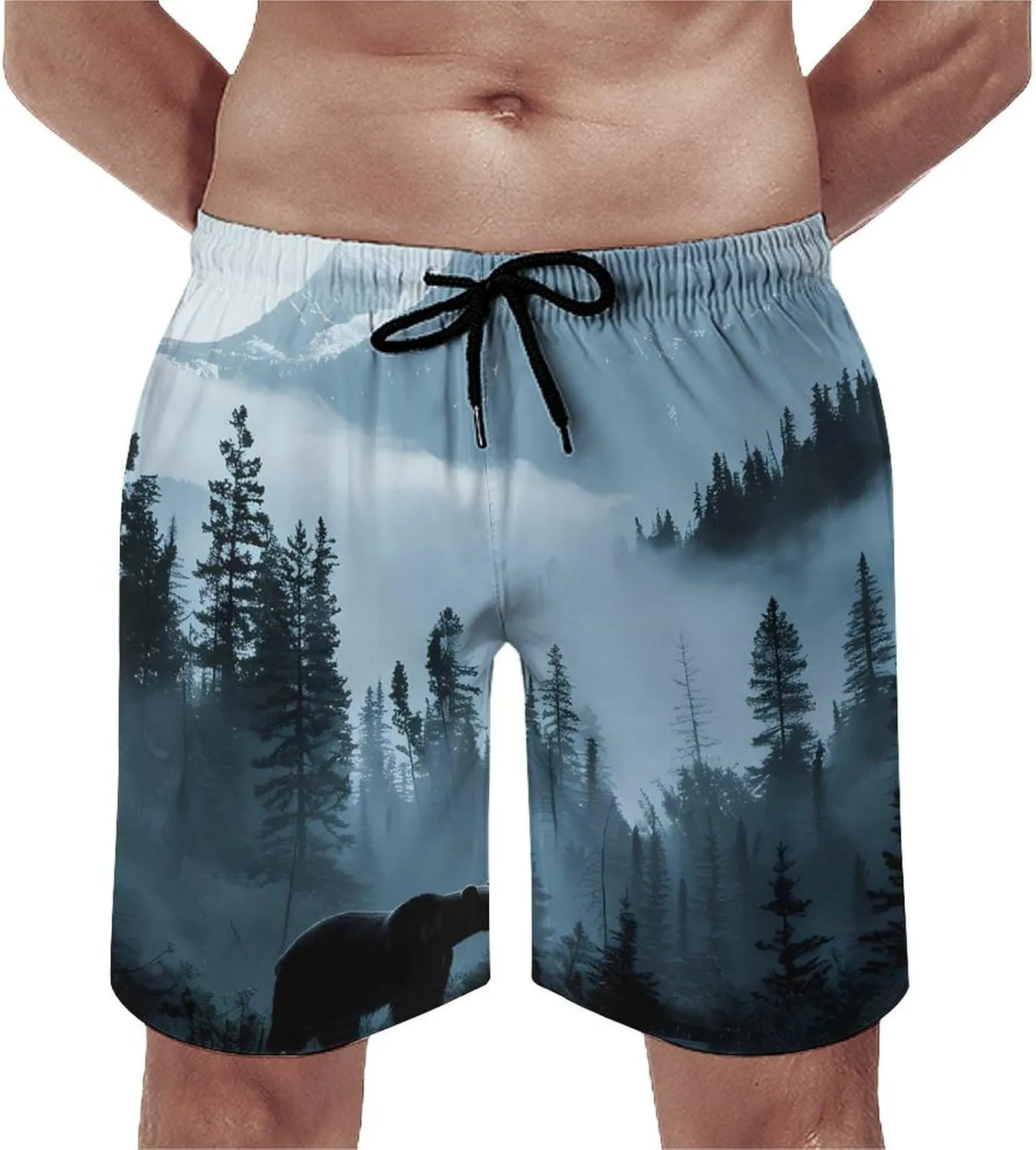 Misty Mountain Forests Animal Bear Men's Swim Trunks Quick Dry Board Shorts Breathable Summer Beach Shorts Bathing Suits