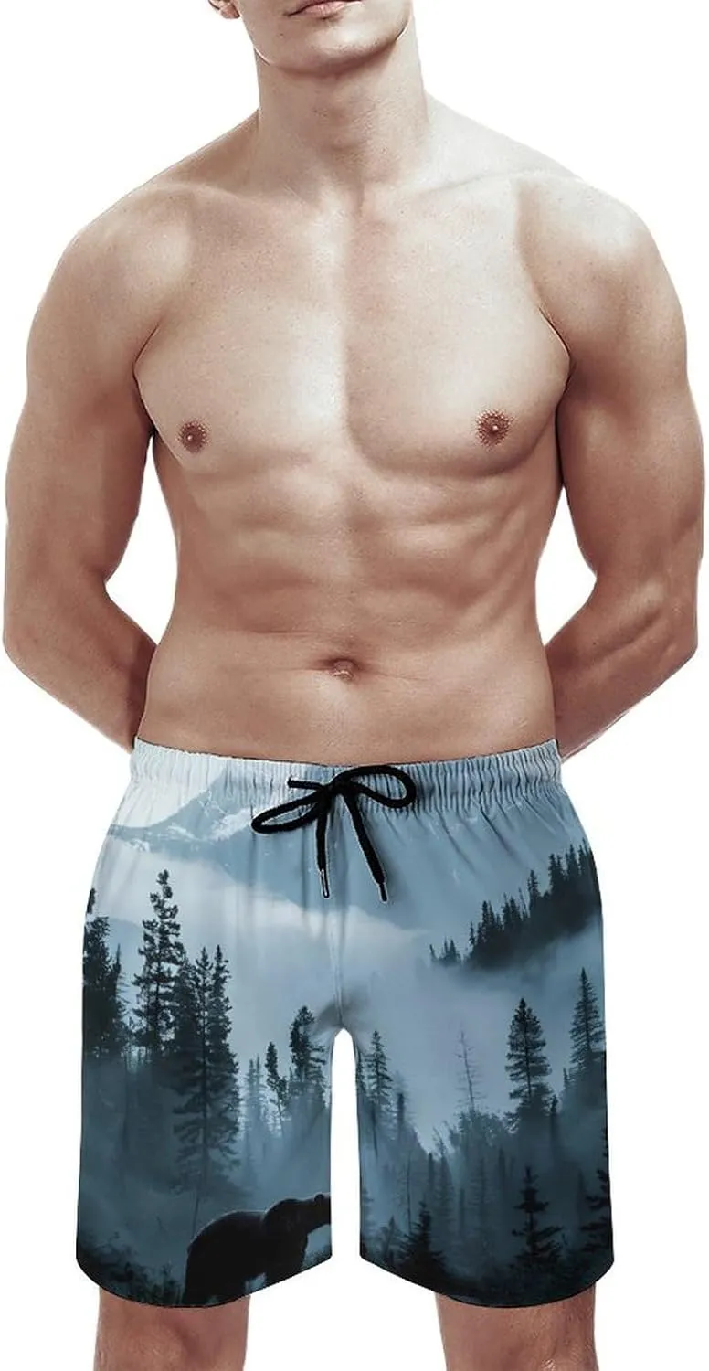 Misty Mountain Forests Animal Bear Men's Swim Trunks Quick Dry Board Shorts Breathable Summer Beach Shorts Bathing Suits