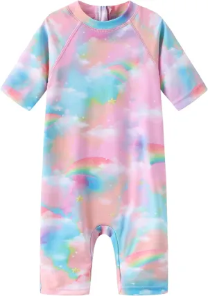 Moon Tree Baby Girls Rash Guard Swimsuits for Toddler Girls Short Sleeve Sunsuits One Piece Bathing Suits Beach Swimwear