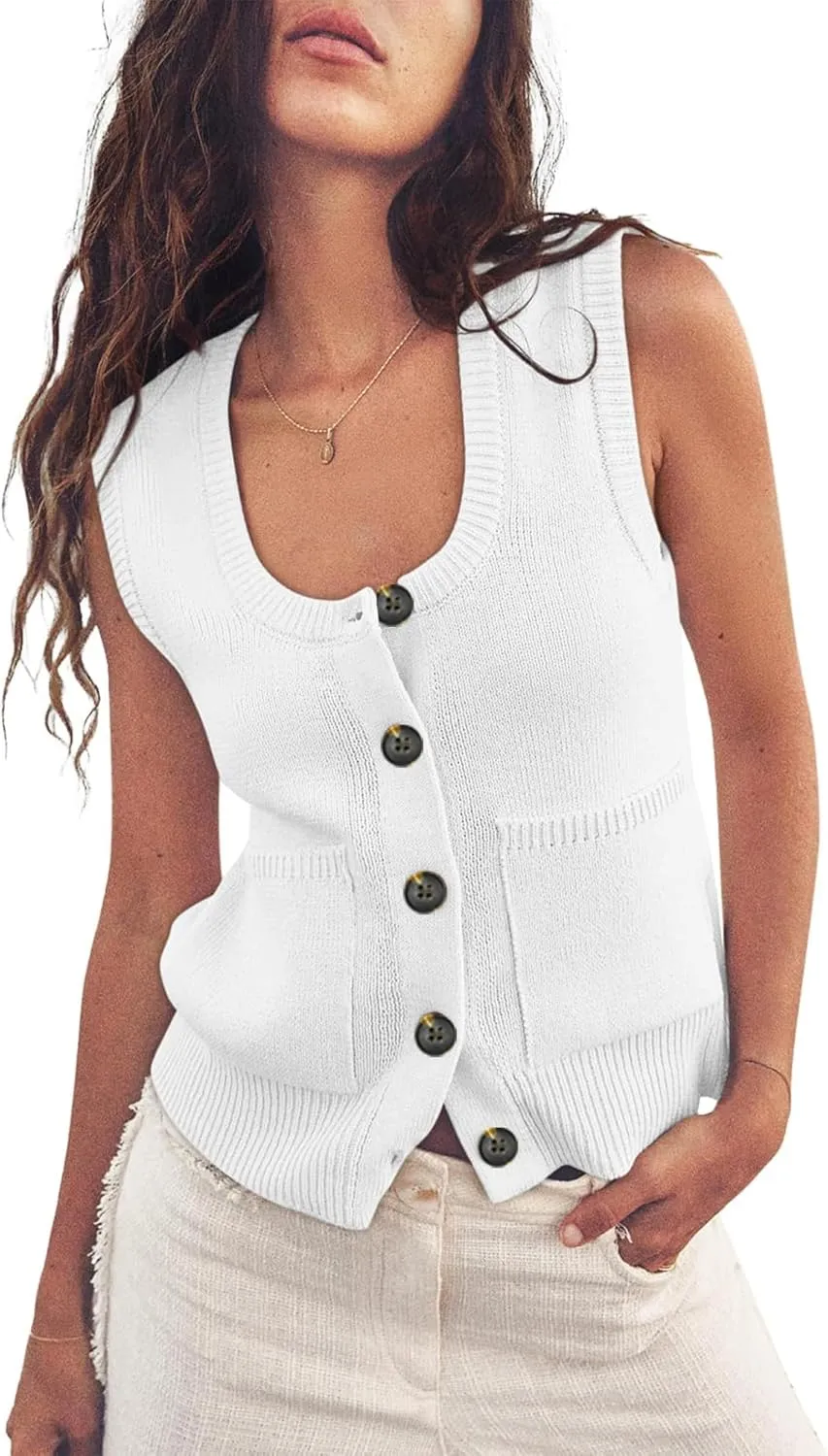 Moss Rose Women's Vests Sleeveless Button Down Knitted Tank Tops Casual Y2K Sweater Top Blouse with Pockets