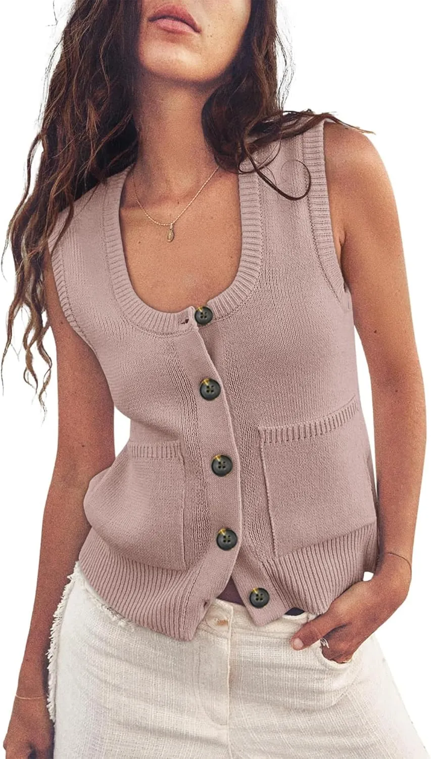 Moss Rose Women's Vests Sleeveless Button Down Knitted Tank Tops Casual Y2K Sweater Top Blouse with Pockets