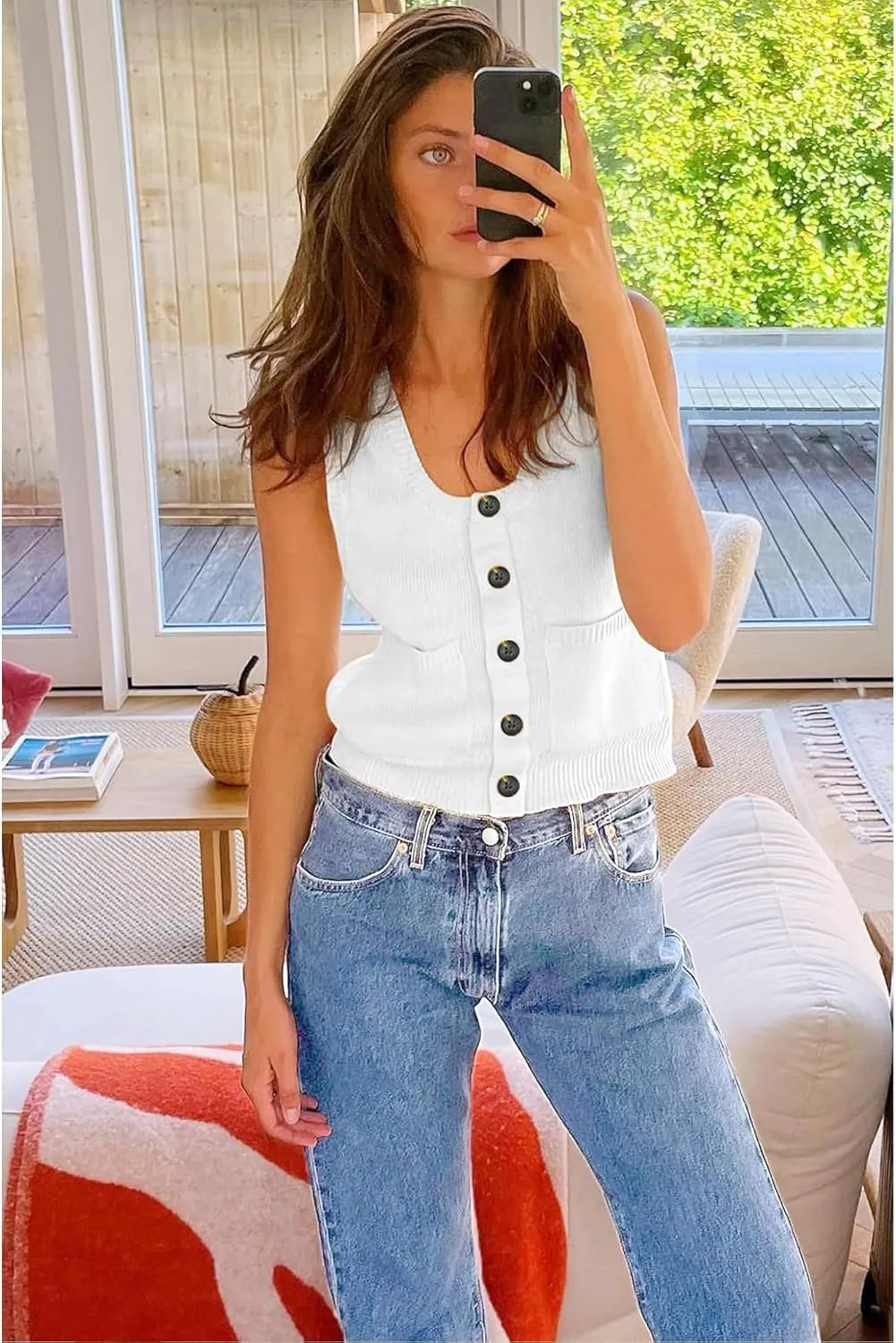 Moss Rose Women's Vests Sleeveless Button Down Knitted Tank Tops Casual Y2K Sweater Top Blouse with Pockets