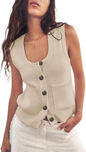 Moss Rose Women's Vests Sleeveless Button Down Knitted Tank Tops Casual Y2K Sweater Top Blouse with Pockets