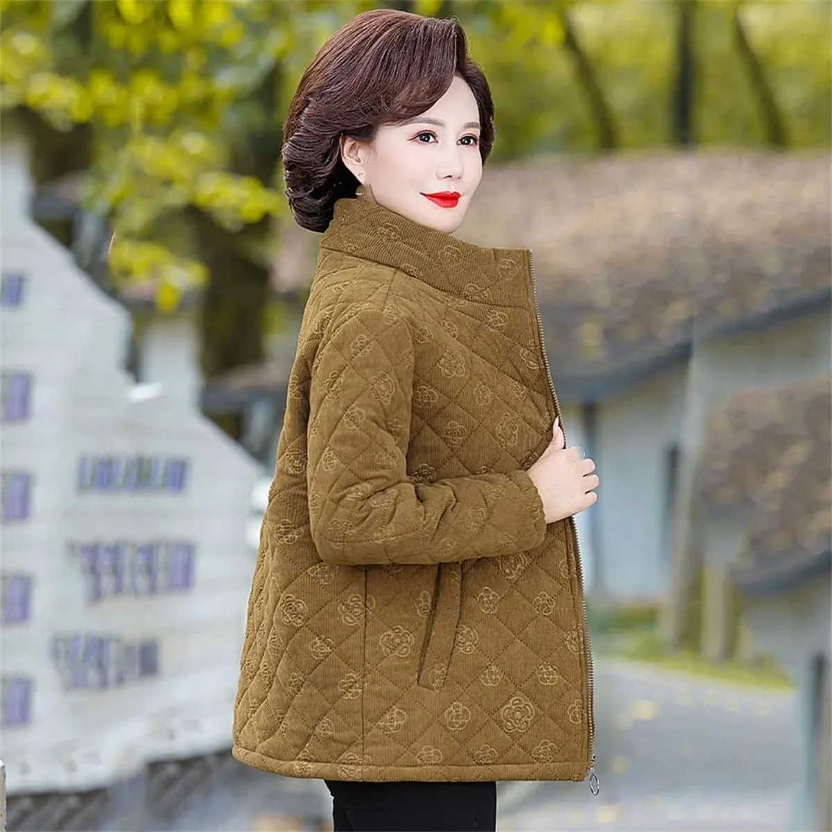 Mother Winter Corduroy Temperament Coat Middle-Aged And Old Ladies Stand Collar Warm Cotton-Padded