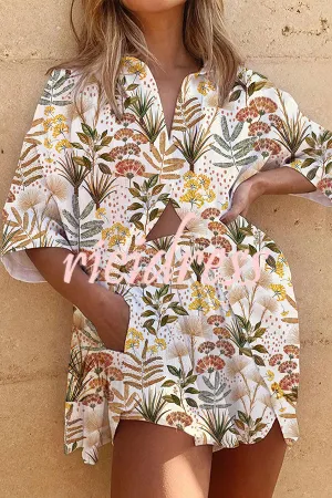 Multicolor Botanical Print Button Elastic Waist Pocket Shorts Set