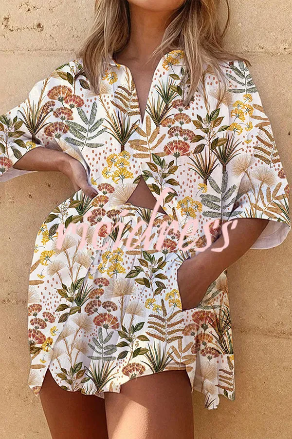 Multicolor Botanical Print Button Elastic Waist Pocket Shorts Set