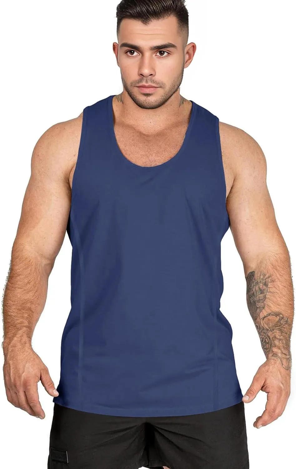 Muscle Cmdr Mens Slim Fit Workout Tank Top Bodybuilding Muscle Shirts Fitness Quick Dry Athletic Gym Deep Round Neck Stretch