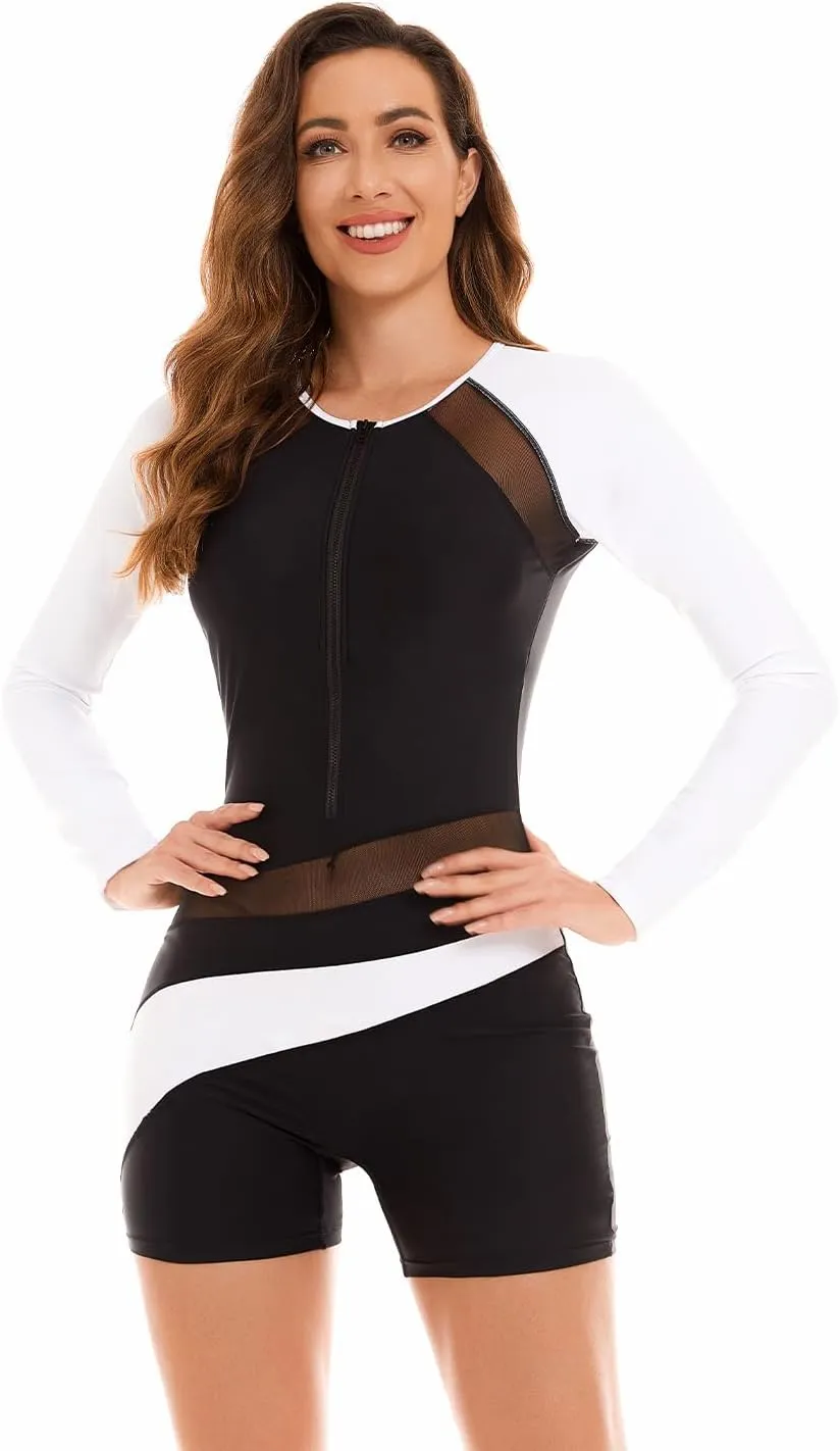 NESY Womens Rash Guard Swimsuit Boyleg Long Sleeve One Piece Bathing Suit UPF 50 Zipper Surfing Wetsuit Athletic Swimwear